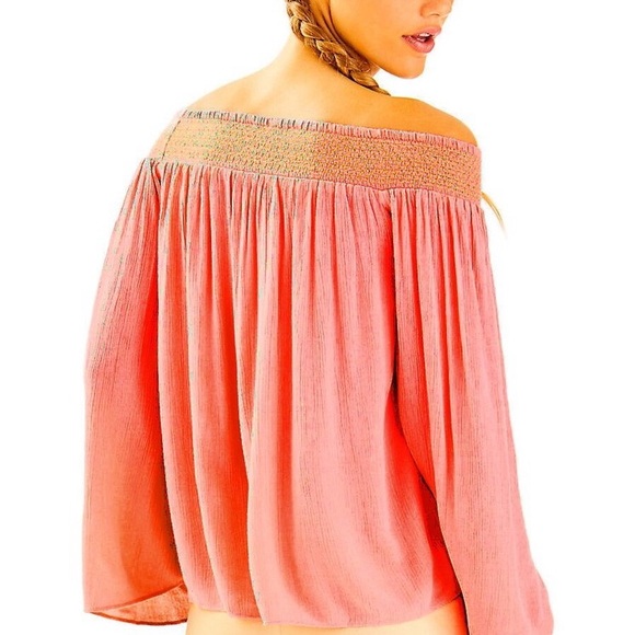 NWT Lilly Pulitzer Katya Coral Reef Gold Smocked Off Shoulder Crinkled Gauze Top - Picture 2 of 9